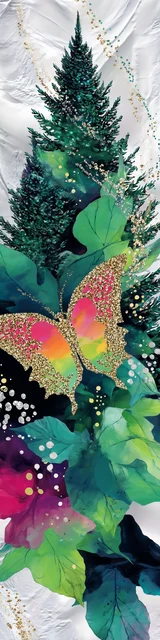 Free printable Christmas bookmarks of a butterfly on a Christmas tree